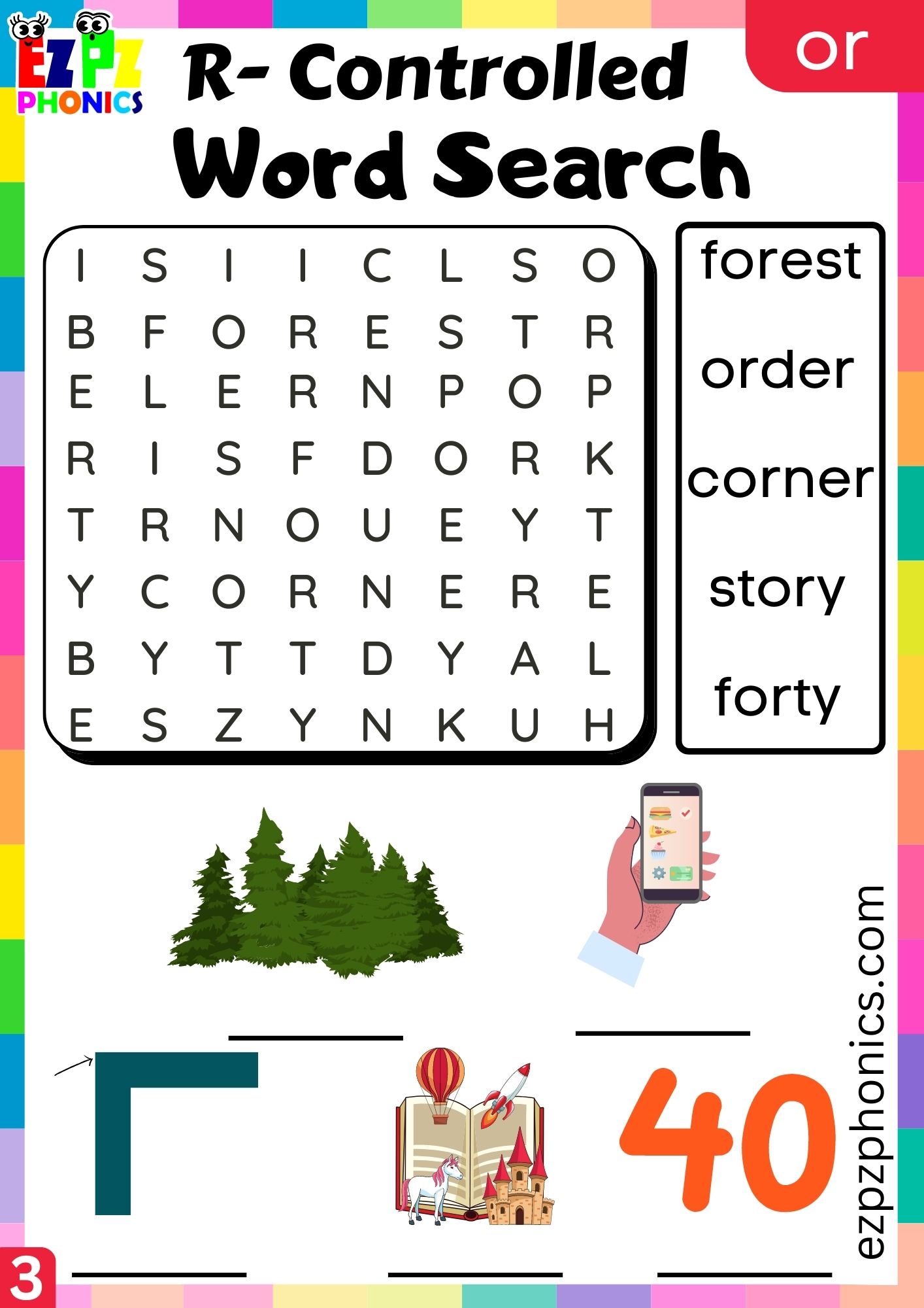 Word search worksheet for two syllable or words R Controlled Vowels Phonics group 3